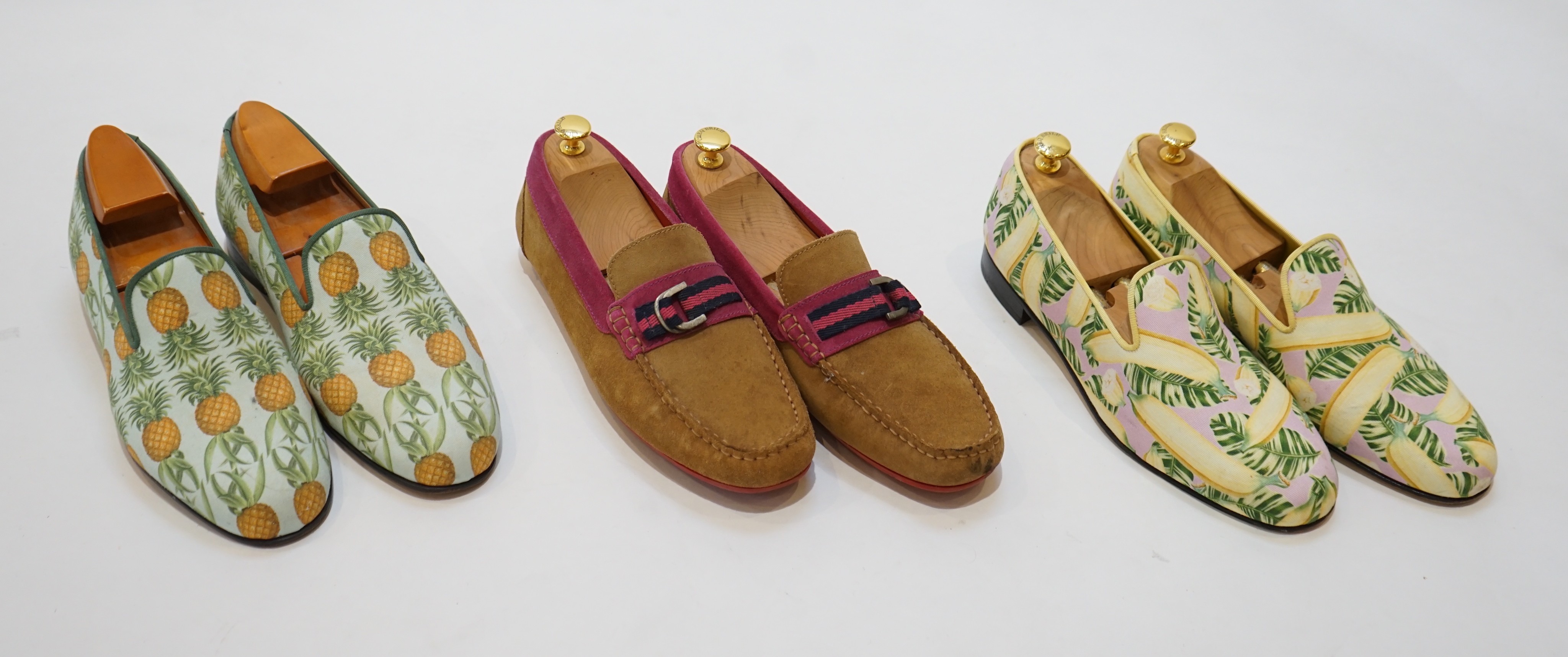 Three pairs of gentleman's Gresham Blake loafers; canvas pineapple print, size 44, canvas bananas, size 43 & suede, size 42.